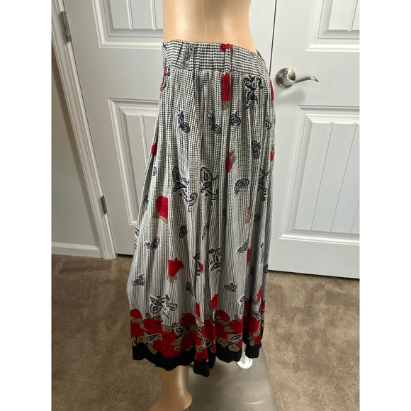 Chaus Pleated Skirt 14 Black Red Floral Elastic Waist Pockets Romantic Coquette - Picture 6 of 16